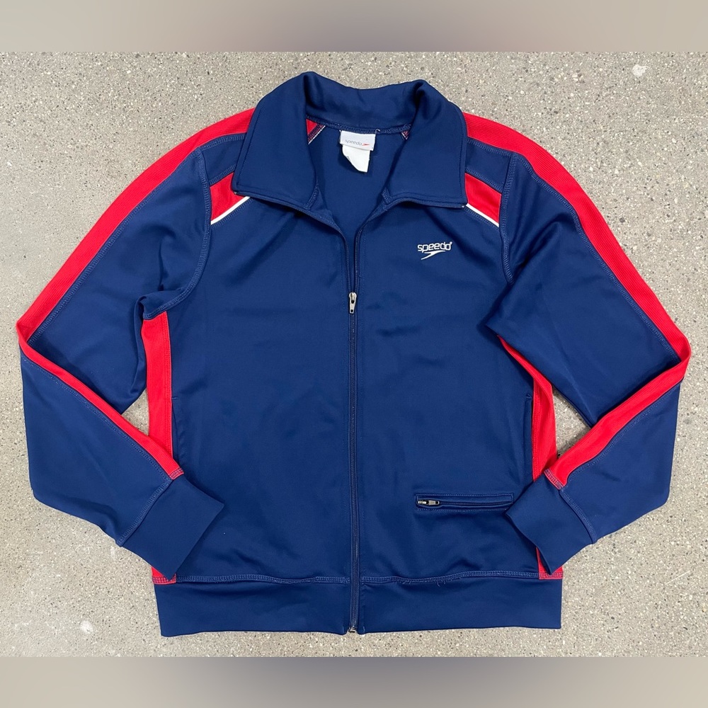 Vintage Speedo Sweater Adult Small Blue Red Nylon Blend Logo Full Zip Sweatshirt
